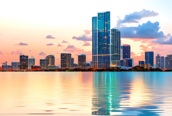 Obraz premium Stylized illustration of a city skyline reflected in water with bright colors and elongated shadows, high quality, generative ai