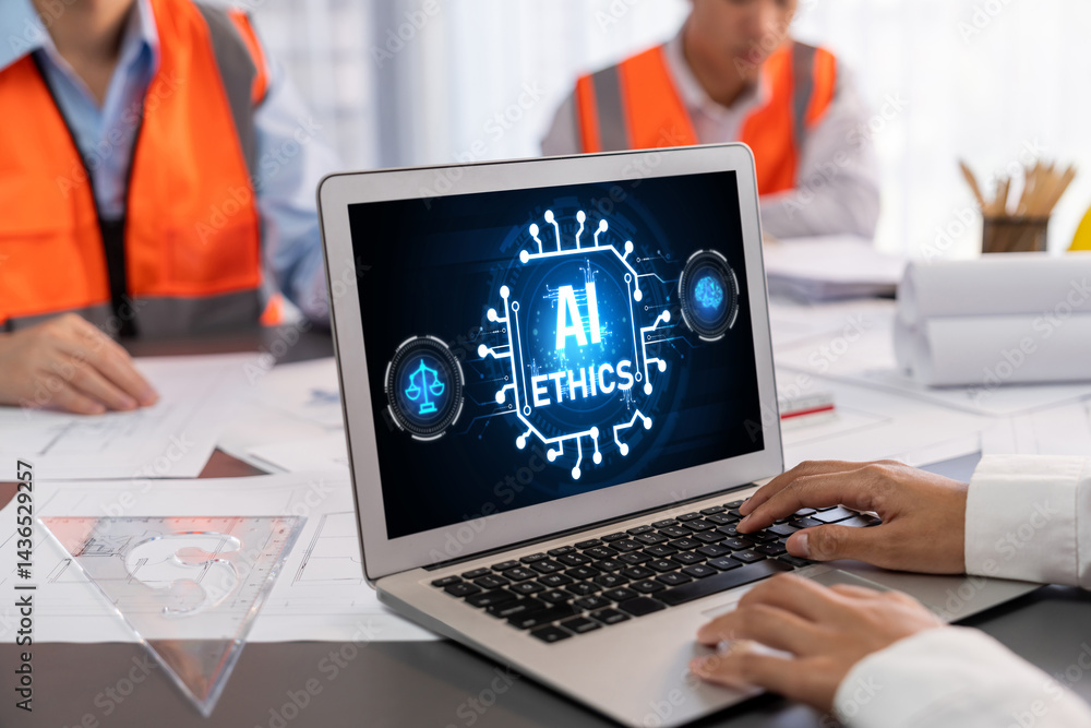 Poster ai ethics responsibility standard law and rules on computer screen provide report of ai ethic transp