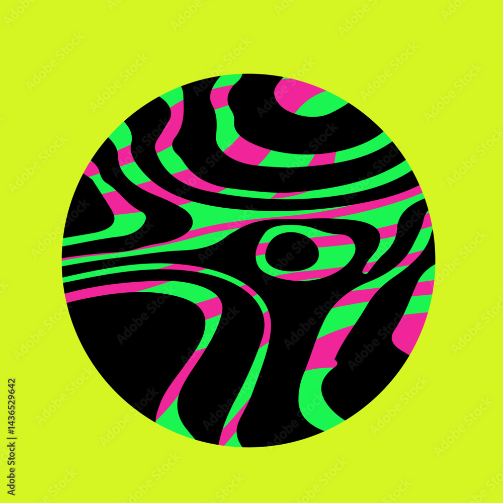 Poster vector illustration of a black and green circle with wavy, psychedelic lines on a bright yellow back