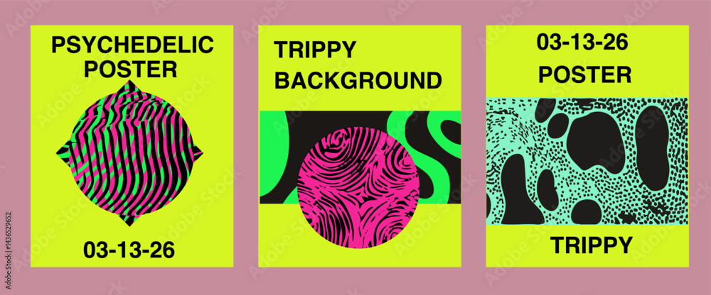 Aufkleber bright vector illustration featuring three psychedelic posters with abstract, trippy circular patter
