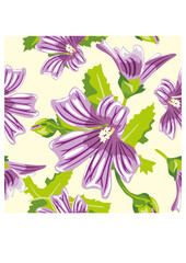 Seamless pattern with purple wildflowers on light yellow background