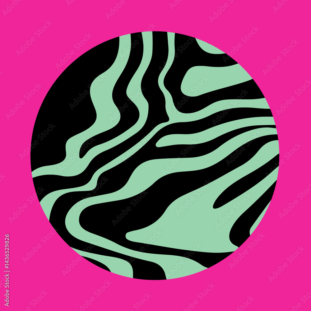 Poster Psychedelic vector illustration with a circular shape featuring wavy green and black patterns on a vibrant pink background, creating a bold, modern, and abstract look.