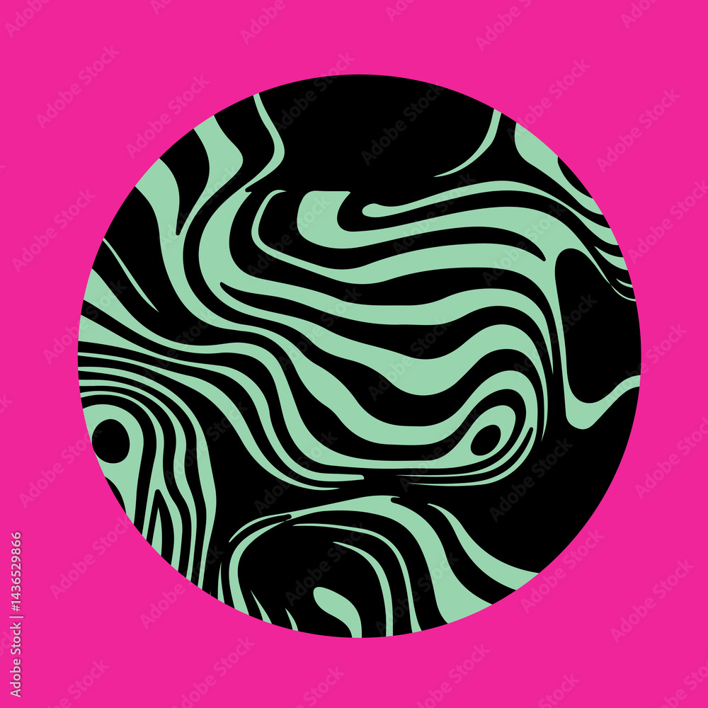 Poster Psychedelic vector illustration with a circular shape featuring wavy green and black patterns on a vibrant pink background, creating a bold, modern, and abstract look.