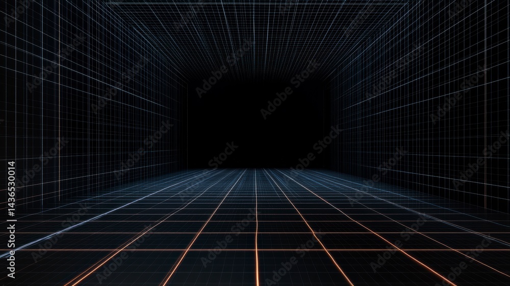 Poster abstract dark tunnel with glowing grid lines receding into darkness.