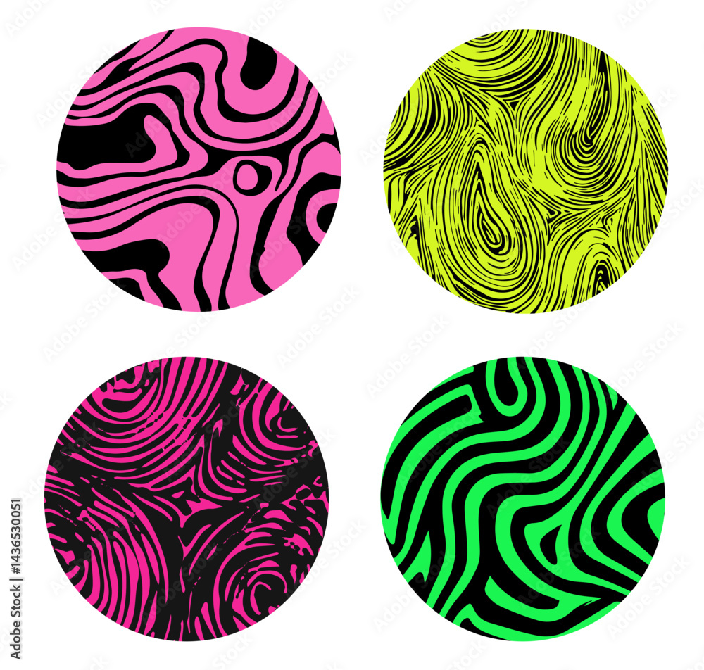 Poster vector illustration featuring four circles with psychedelic, wavy abstract patterns in pink, yellow,