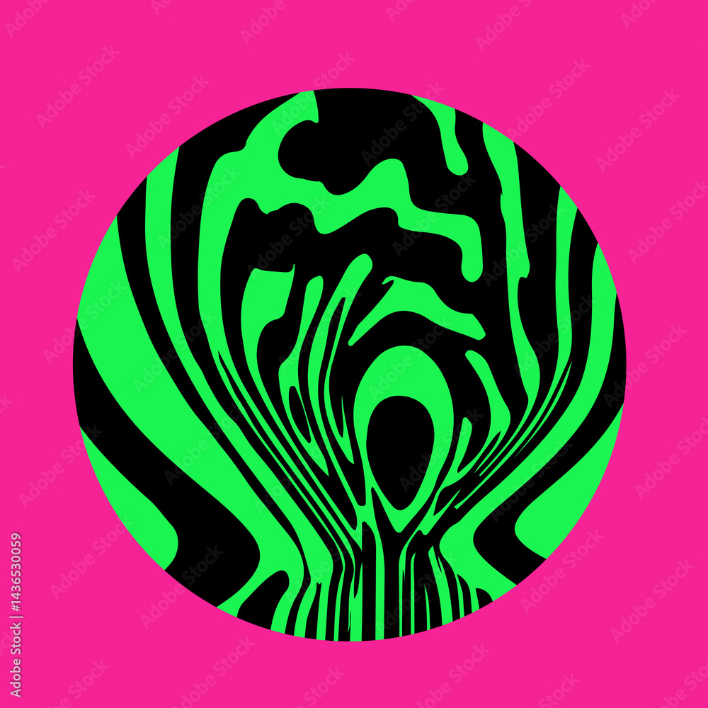 Poster Psychedelic vector illustration with a circular shape featuring wavy green and black patterns on a vibrant pink background, creating a bold, modern, and abstract look.
