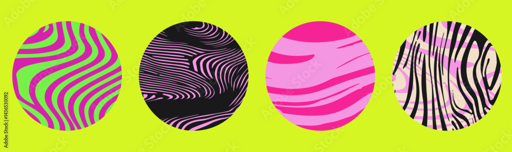 Poster vector illustration featuring four circles with psychedelic, wavy abstract patterns in pink and gree