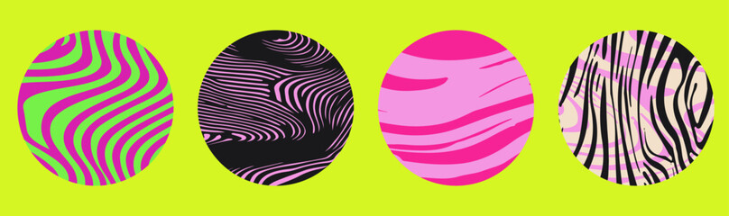 Vector illustration featuring four circles with psychedelic, wavy abstract patterns in pink and green neon colors. Each circle has a unique, trippy design for a bold, modern look.