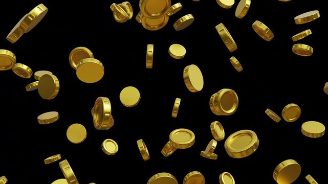 3d gold coins rain alpha channel transparent background looping animation video. 3d render.