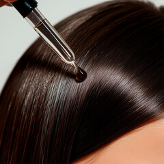 Application of Dark Liquid to Dark Brown Hair via Glass Dropper