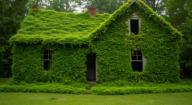 Vibrant Green Pueraria Montana (kudzu) Vines Covering An Abandoned House