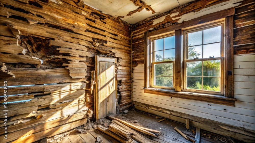 Poster sunlit room in a derelict wooden structure with extensive wall damage and a view through two windows