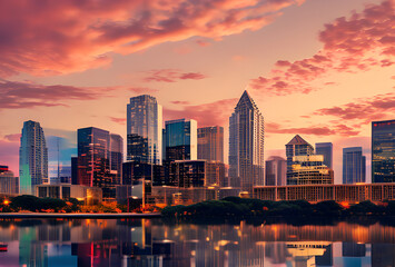 Fototapeta premium Stylized illustration of a city skyline reflected in water with bright colors and elongated shadows, high quality, generative ai