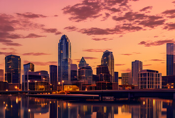 Fototapeta premium Stylized illustration of a city skyline reflected in water with bright colors and elongated shadows, high quality, generative ai