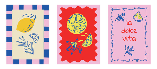 Set of hand drawn vintage posters in dolce vita style. Vector illustration of italian style hand drawn posters. Illustration for invitations, menus design. Breakfast, lunch, dinner concept.	