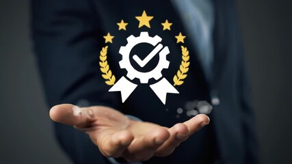 Presenting quality assurance emblem in hand for trust and business excellence concepts