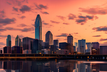 Stylized illustration of a city skyline reflected in water with bright colors and elongated shadows, high quality, generative ai