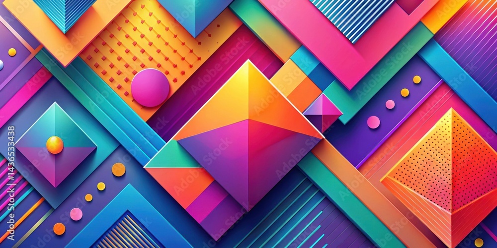 Poster Vibrant Geometric Shapes Intersect in a Colorful Abstract Composition Featuring Pyramids, Squares, and Circles