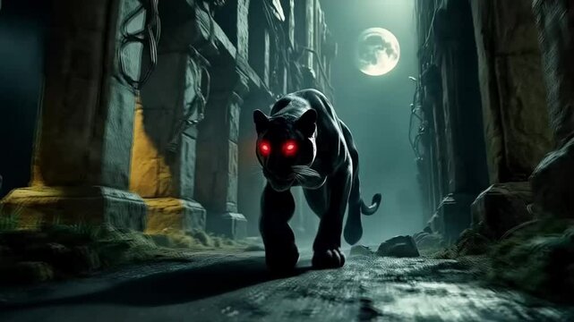 A black panther with red eyes is walking through a dark, eerie cave