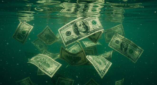 Underwater currency scene featuring us dollar bills floating in a greenish tinted body of water