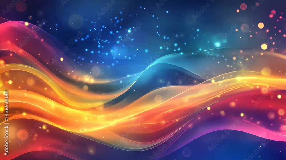 Poster abstract colorful wavy light streaks with bokeh and sparkles on dark blue background.