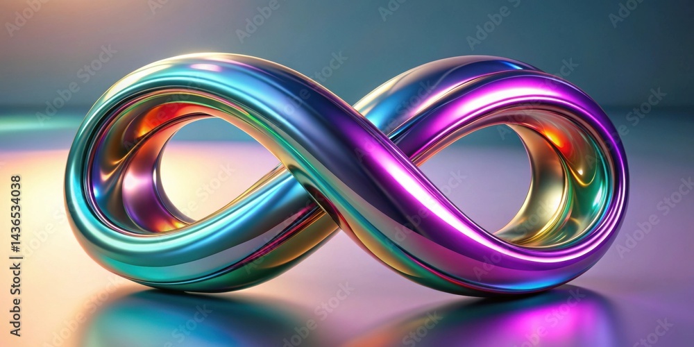 Poster abstract iridescent metallic infinity symbol design, reflecting light and creating a vibrant, colorf