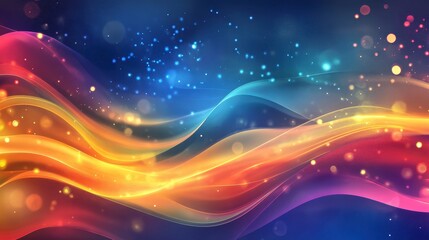 Obraz premium Abstract colorful wavy light streaks with bokeh and sparkles on dark blue background.