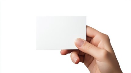 Obraz premium Hand holding blank white business card on clean background, close-up photography style.