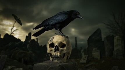 Fototapeta premium A raven stood upon a human skull in a cemetary, very detailed, anatomically correct, clean and crisp realistic photo created by ai