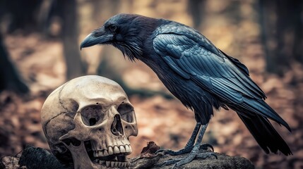 Obraz premium A raven stood upon a human skull in a cemetary, very detailed, anatomically correct, clean and crisp realistic photo created by ai