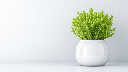 A lush green plant in a white ceramic pot sitting on a minimalist white shelf, bright and airy indoor setting, and modern home decor concept.