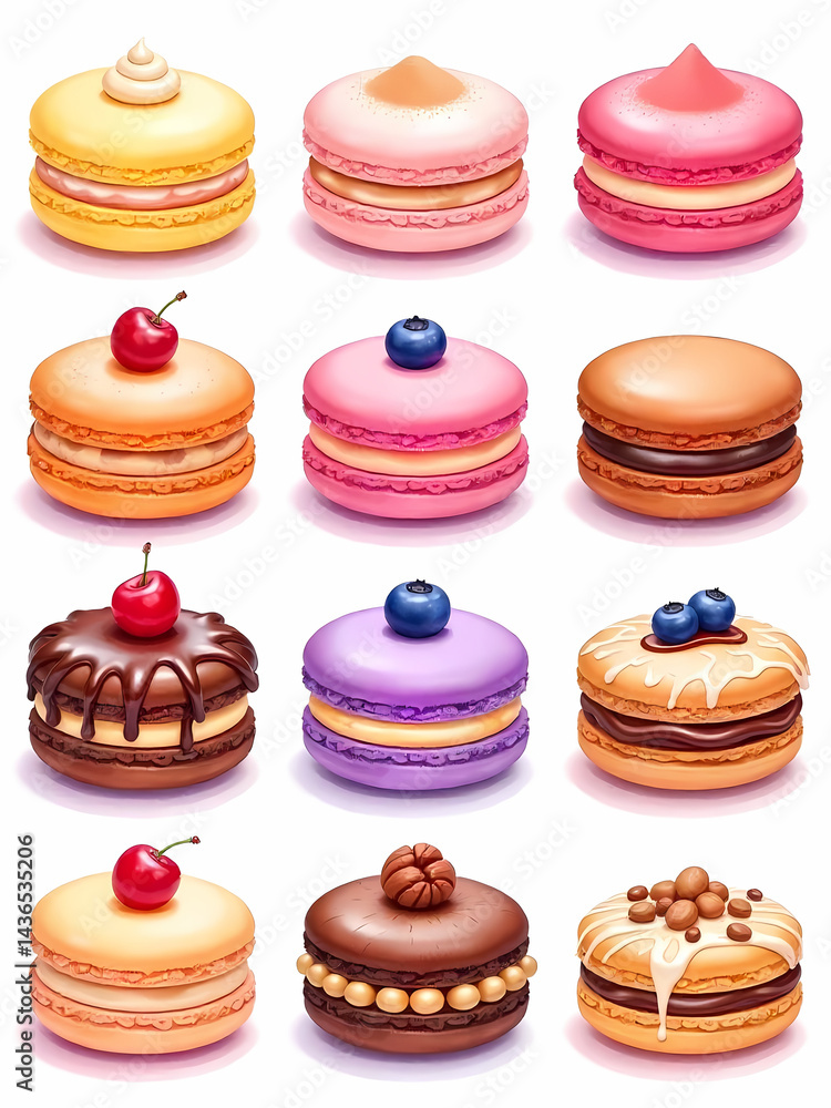 Poster A delightful assortment of colorful macarons, creatively decorated with various toppings on display.