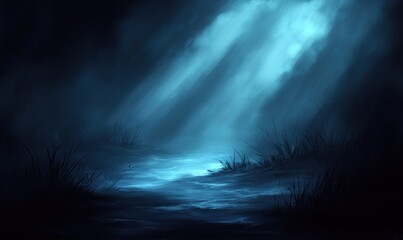 Fototapeta premium Mystical night swamp, blue light rays, dark grass, eerie atmosphere, fantasy background