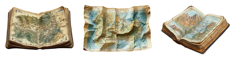 Fototapeta premium Vintage collection of old maps, antique atlases, and travel maps isolated on a transparent background.