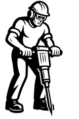 Construction Worker Operating Jackhammer - Black and White Illustration for Labor, Demolition, Building, or Graphic Themes
