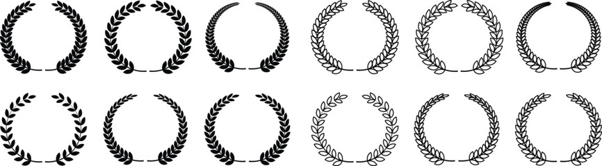 A collection of black laurel wreath designs in minimalist, elegant styles. Perfect for use in awards, certificates, logos, and decorative elements symbolizing victory, honor, and achievement