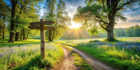 Fototapeta premium Serene Sunrise Path A Rustic Wooden Signpost Guides the Way Through a Lush Meadow, Bathed in Golden Sunlight, Toward a Tranquil Forest