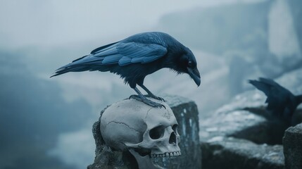 Fototapeta premium A raven stood upon a human skull in a cemetary, very detailed, anatomically correct, clean and crisp realistic photo created by ai