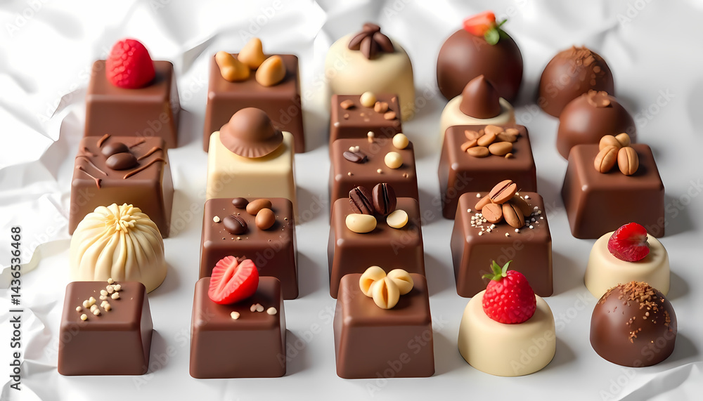 Poster an array of exquisitely crafted artisan chocolates with diverse toppings and flavors.
