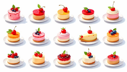 Assortment of colorful mini cheesecakes topped with fresh berries and cherries on white plates.