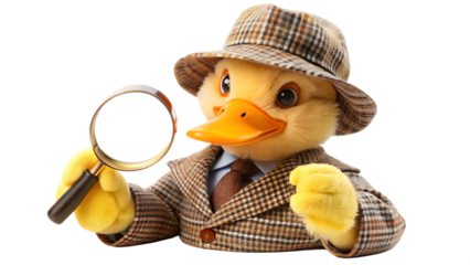 detective duck holding magnifying glass isolated on white background PNG