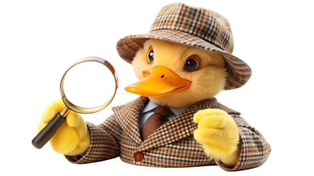 detective duck holding magnifying glass isolated on white background PNG