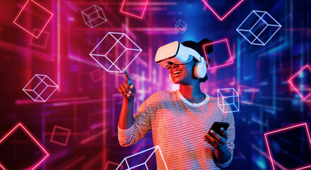 Girl looking around at geometric shape floating in metaverse. Happy teenager or gamer using VR headset and augmented reality technology accessing virtual world. Technology innovation. Ingenuity.