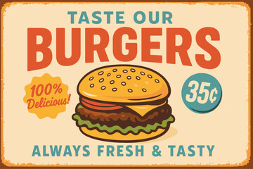 Vintage metal sign with homestyle hamburgers text, retro diner food advertisement design with editable grunge texture, vector illustration for restaurant or fast food promotion