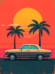 A stylish retro car parked by palm trees on a beautiful tropical sunset background.