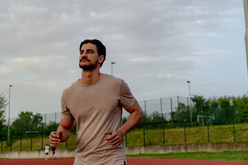 Focused athlete running on a track, embodying determination and athleticism under a cloudy sky