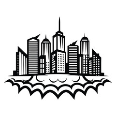 Obraz premium Bold Cityscape Silhouette with Ornamental Waterline Detail, Black and White Minimalist Style