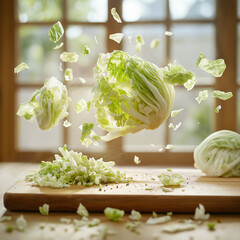 Fresh cabbage being chopped with flying pieces in the kitchen
