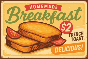 French Toast Breakfast Sign – Fried Bread Retro Menu Board For Restaurants and Cafés, Vector Ad Design