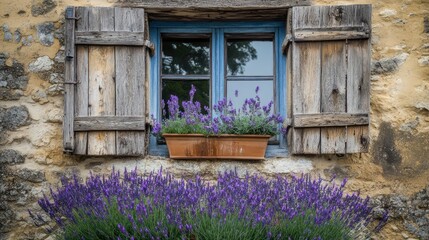 Rustic window with lavender, stone wall